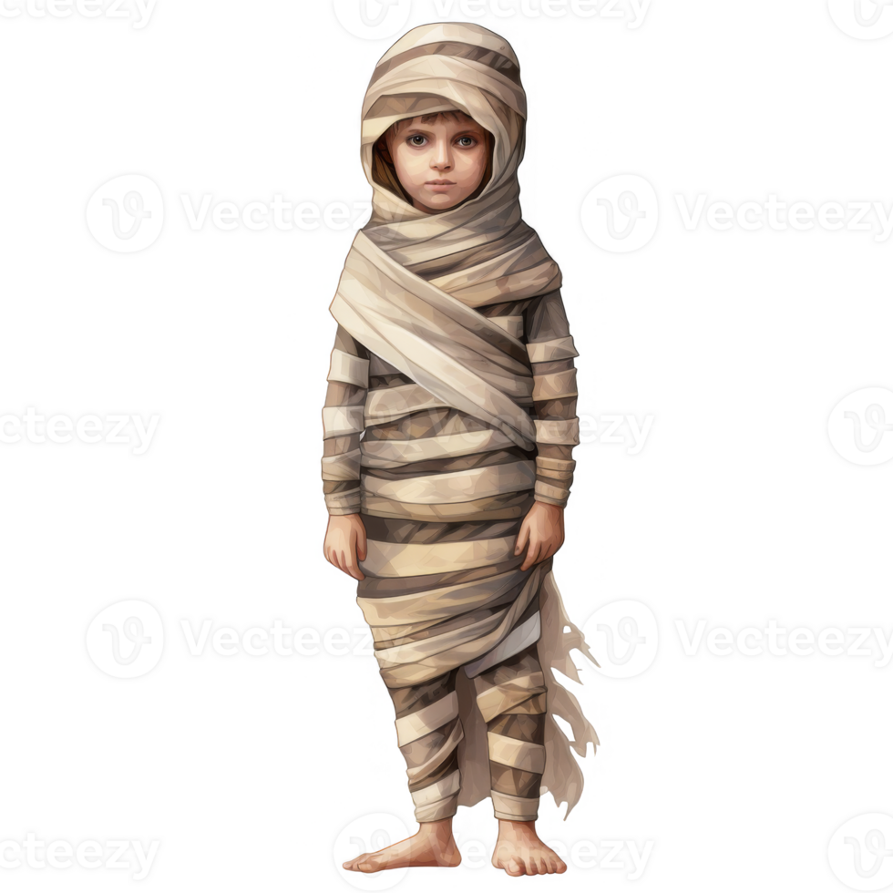 Young Child Dressed in an Intricate Mummy Costume for Halloween png