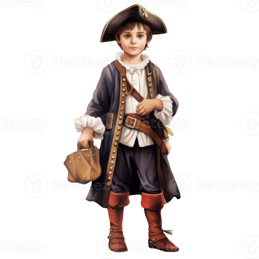 Young Boy Dressed in a 17th-Century Pirate Costume with a Bag png