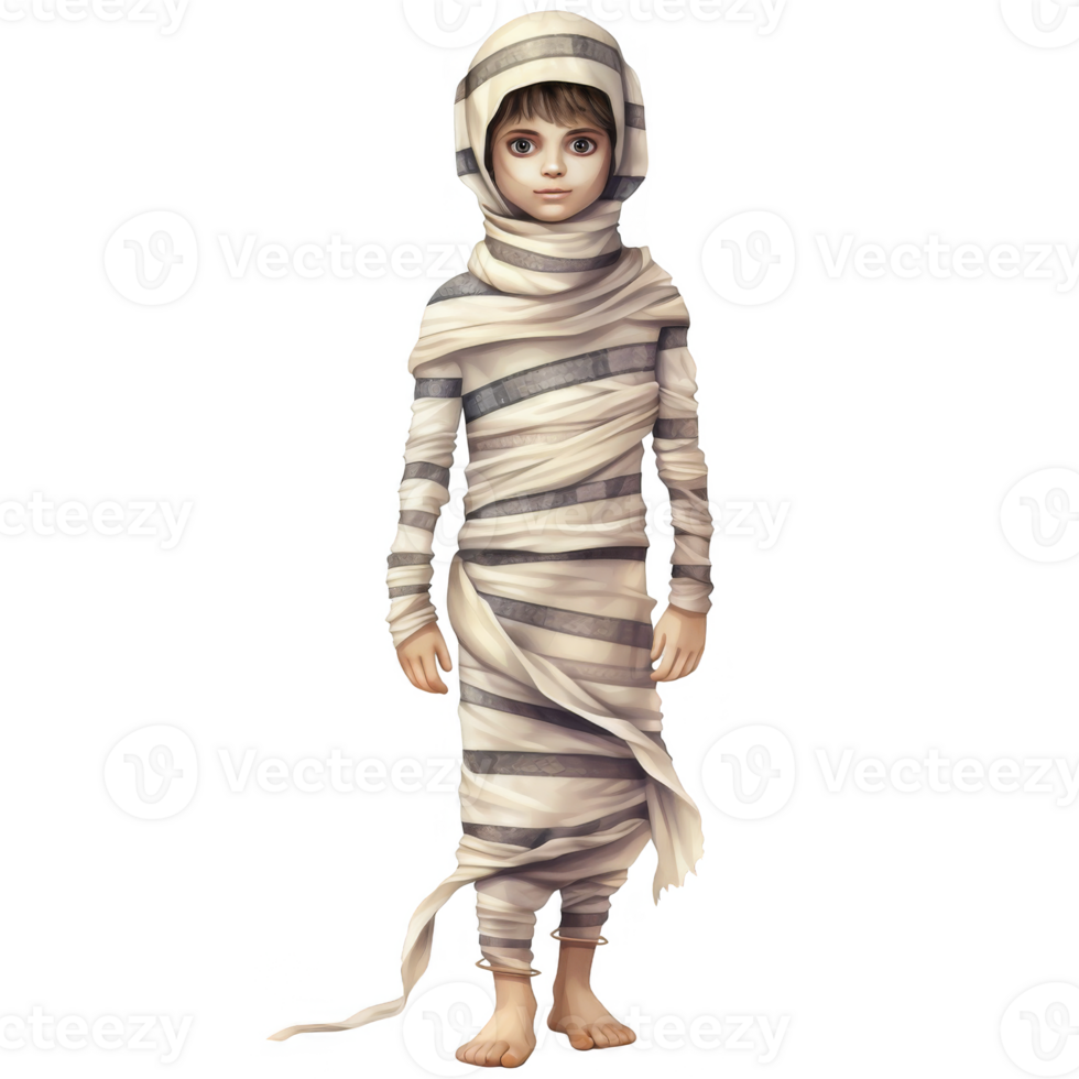 A young boy, seemingly mummified, stands solemnly, his gaze direct. png