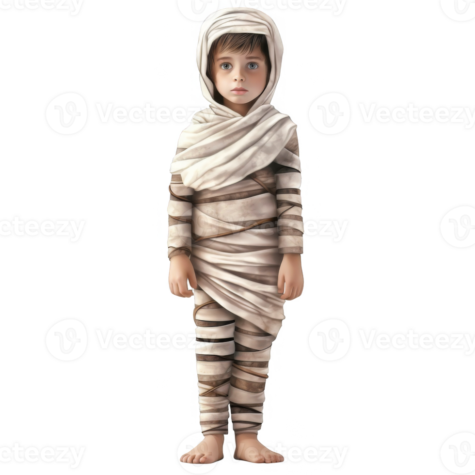 A Young Child Dressed in an Authentic Mummy Costume for Halloween png