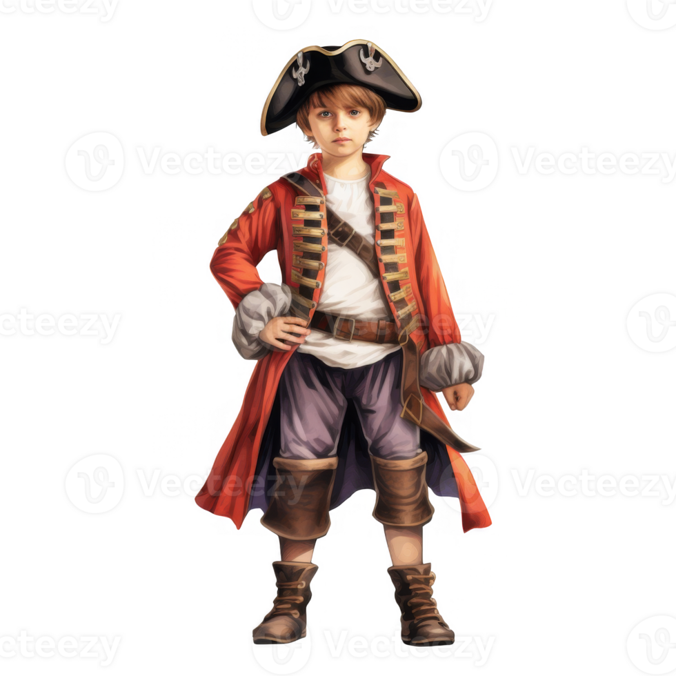 A Young Boy Dressed in a Pirate Costume Against a Glitch Art Background png