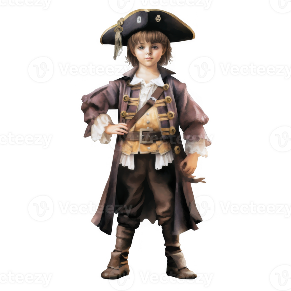 A young boy, dressed in a detailed pirate captain's costume, stands confidently. png