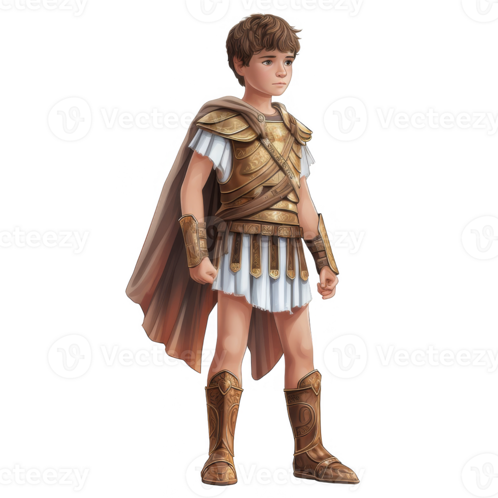 Young Boy Dressed in Ancient Roman Soldier Armor and Cloak png