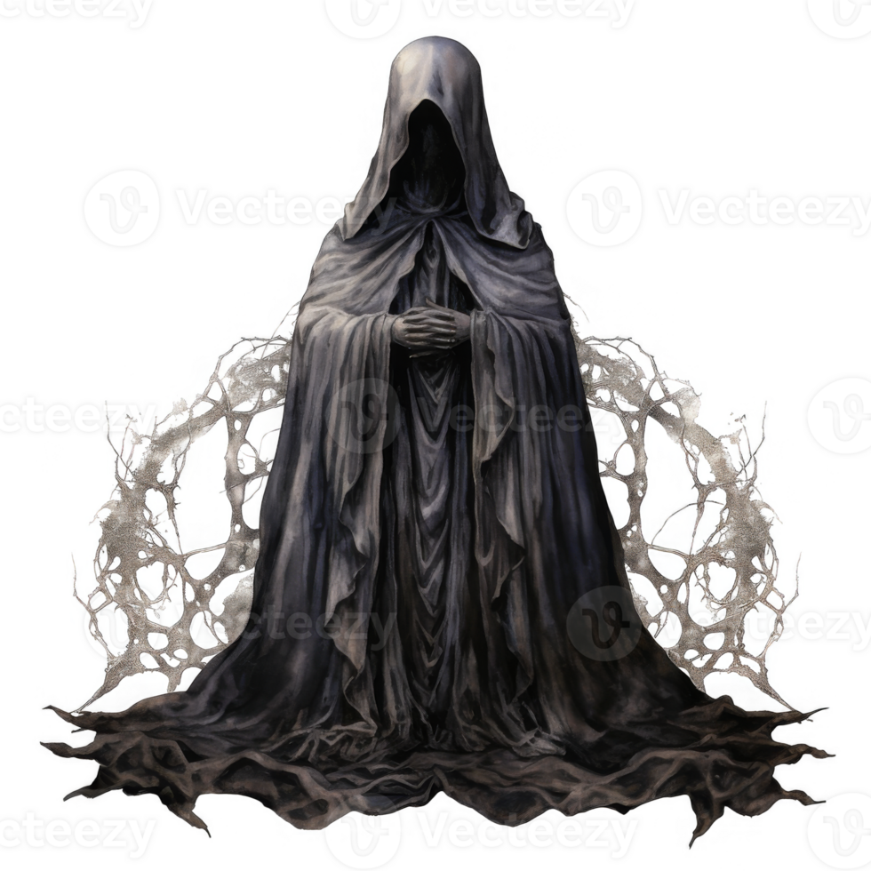 An enigmatic hooded figure, cloaked in darkness, stands upon an ethereal, fractured landscape. png