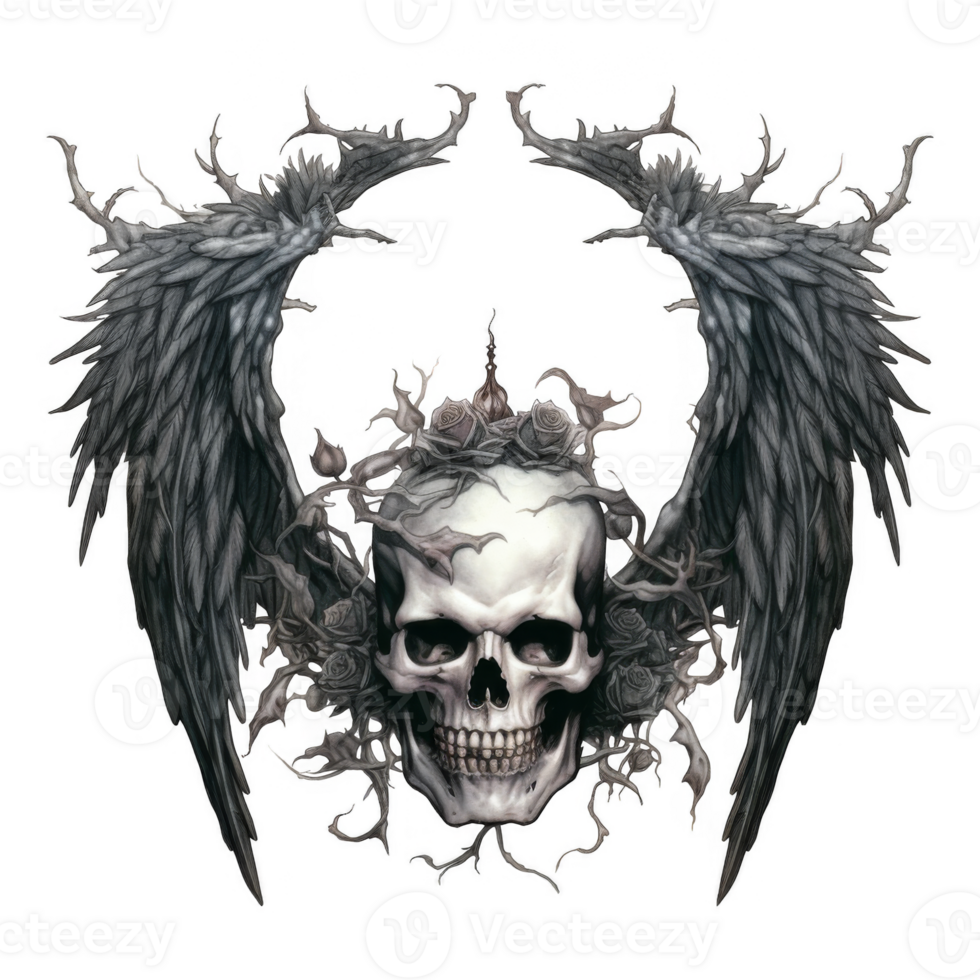 Gothic Skull Adorned with Black Wings, Roses, and Thorns png