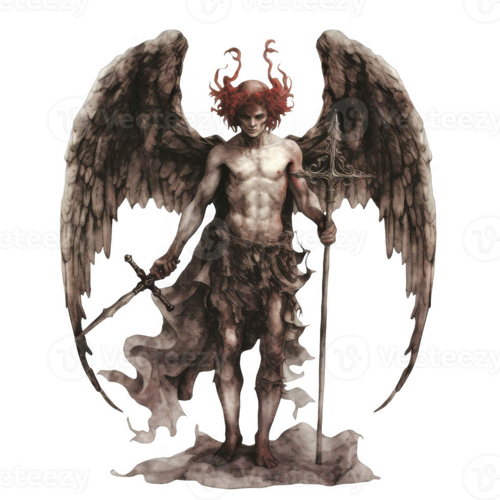 Fallen Angel with Wings, Sword, and Staff, Crimson Hair png