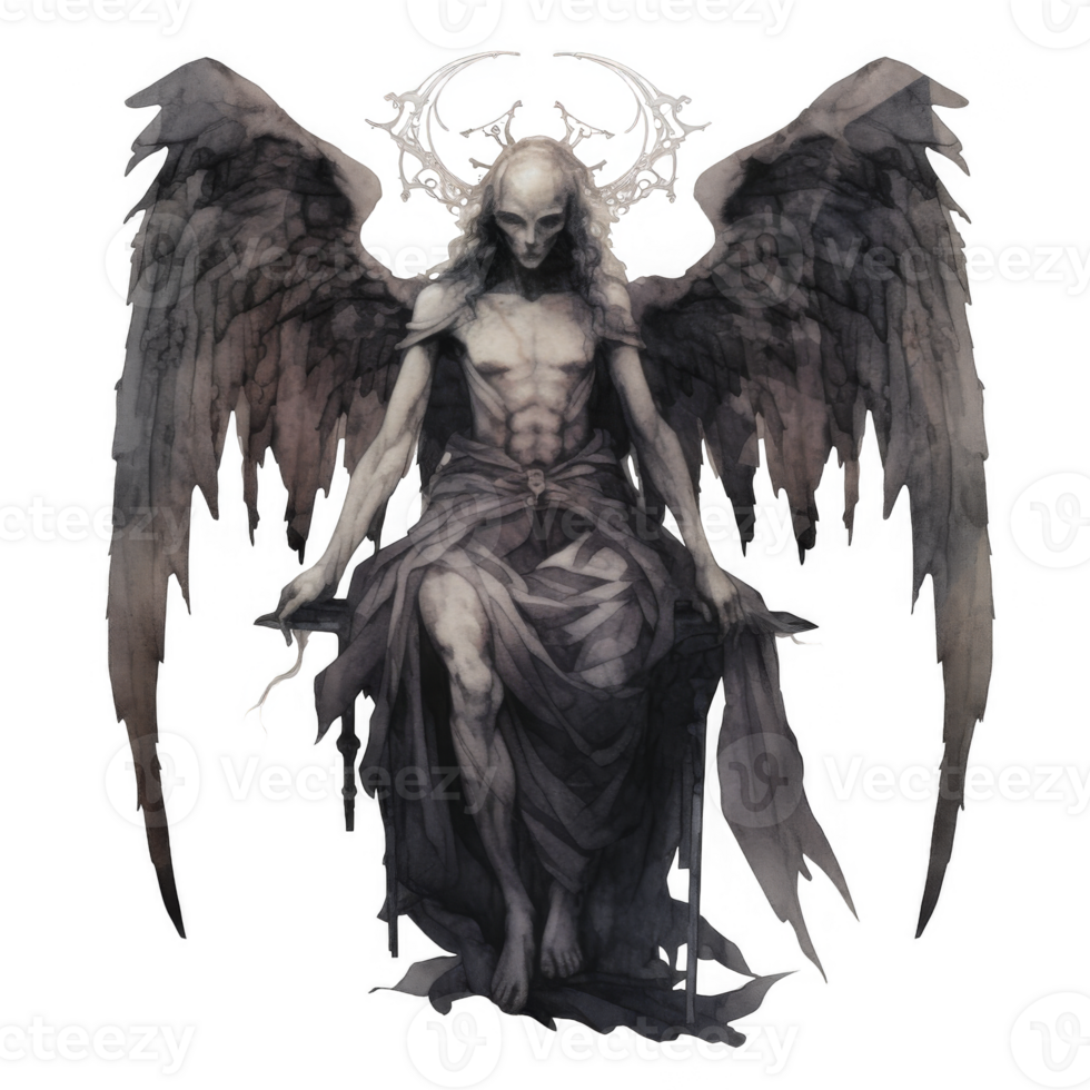 Enigmatic Fallen Angel Enthroned, Dark Wings and Spectral Halo png