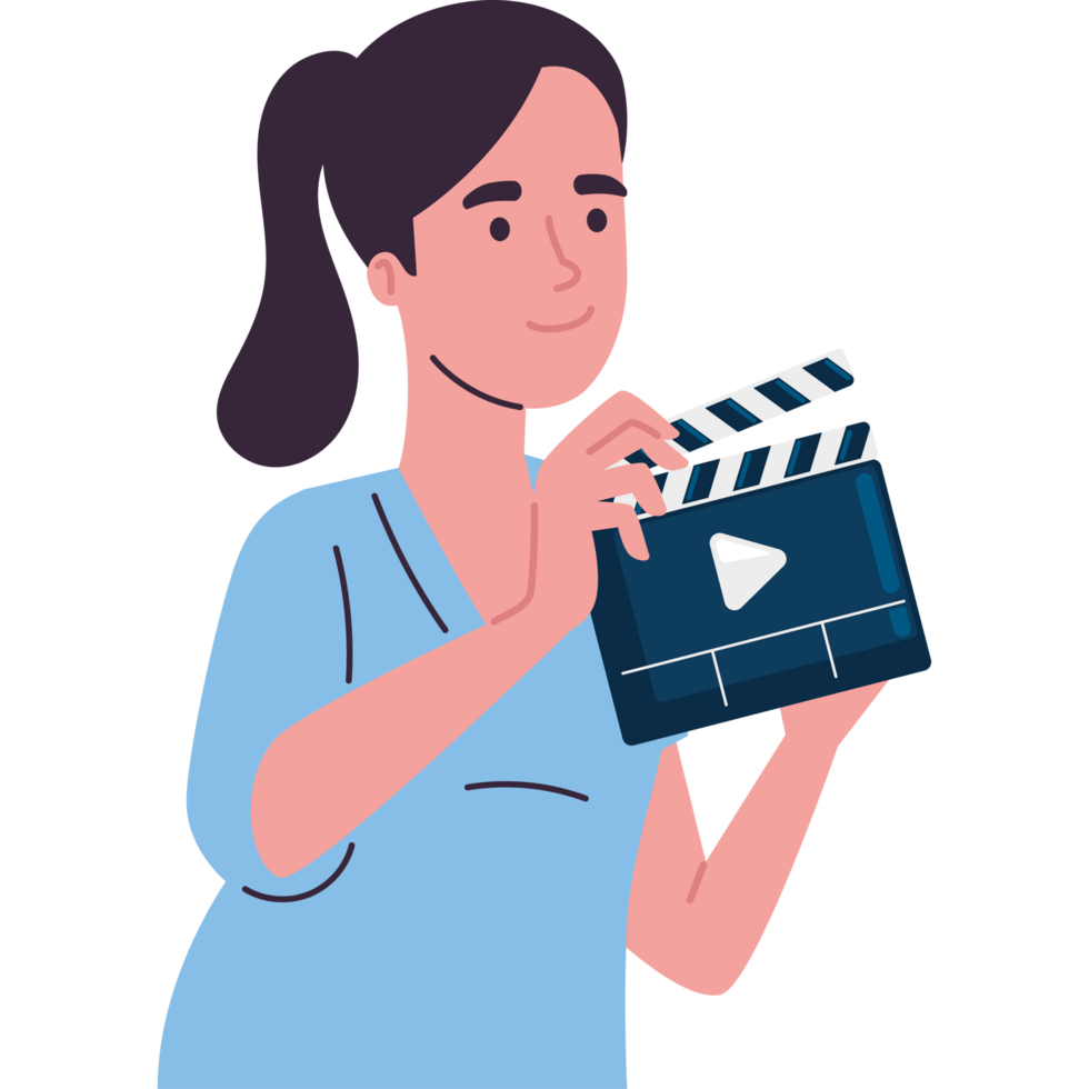 Woman filming movie with clapperboard png
