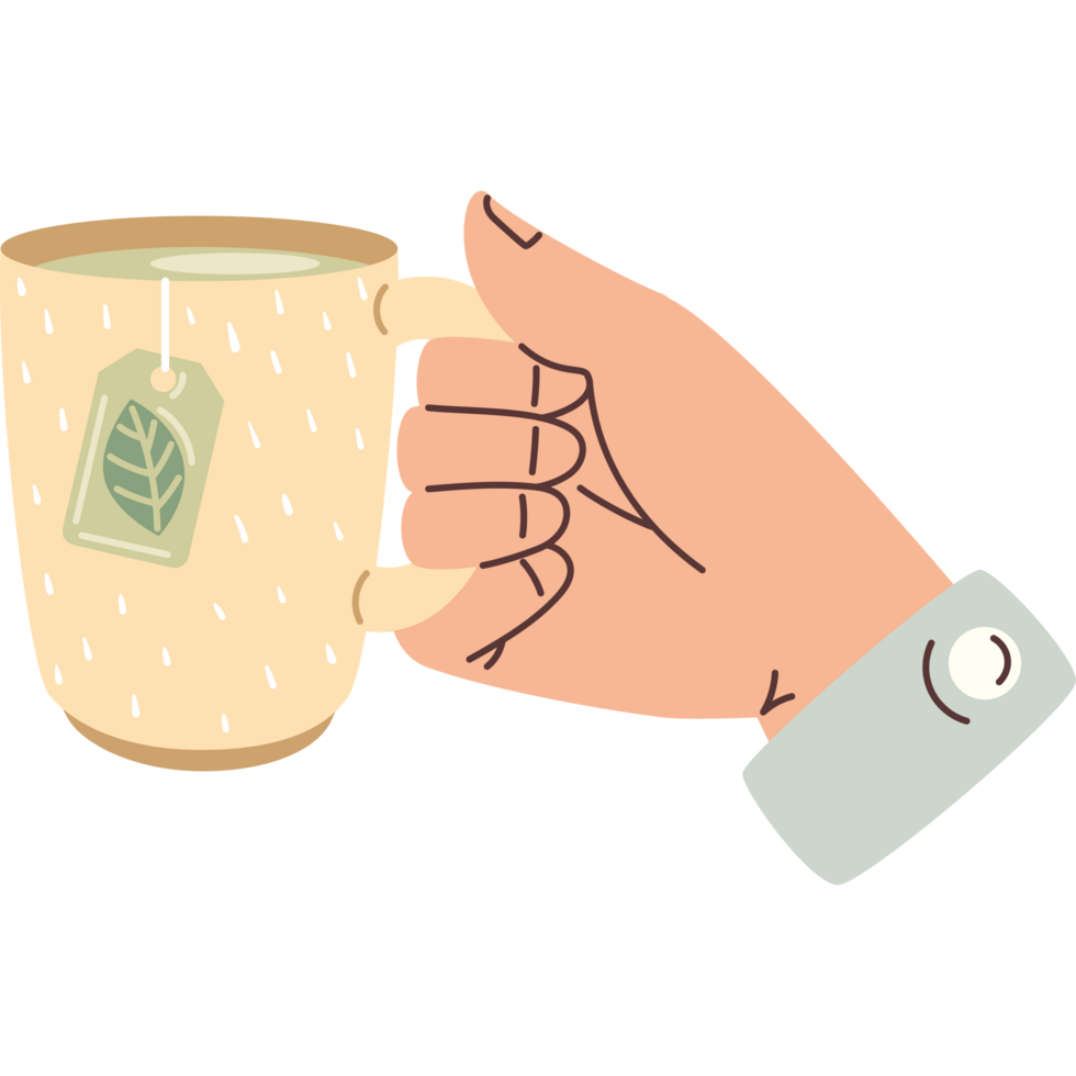 Hand holding hot tea mug png
