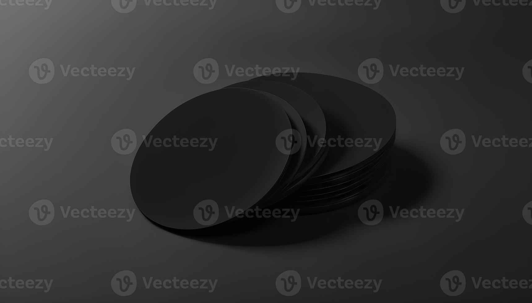 Blank black round beer coasters stack mockup on dark surface, depth of field, 3d rendering. Empty cardboard disk pile mock up. Clear beermat for glass or can template. photo