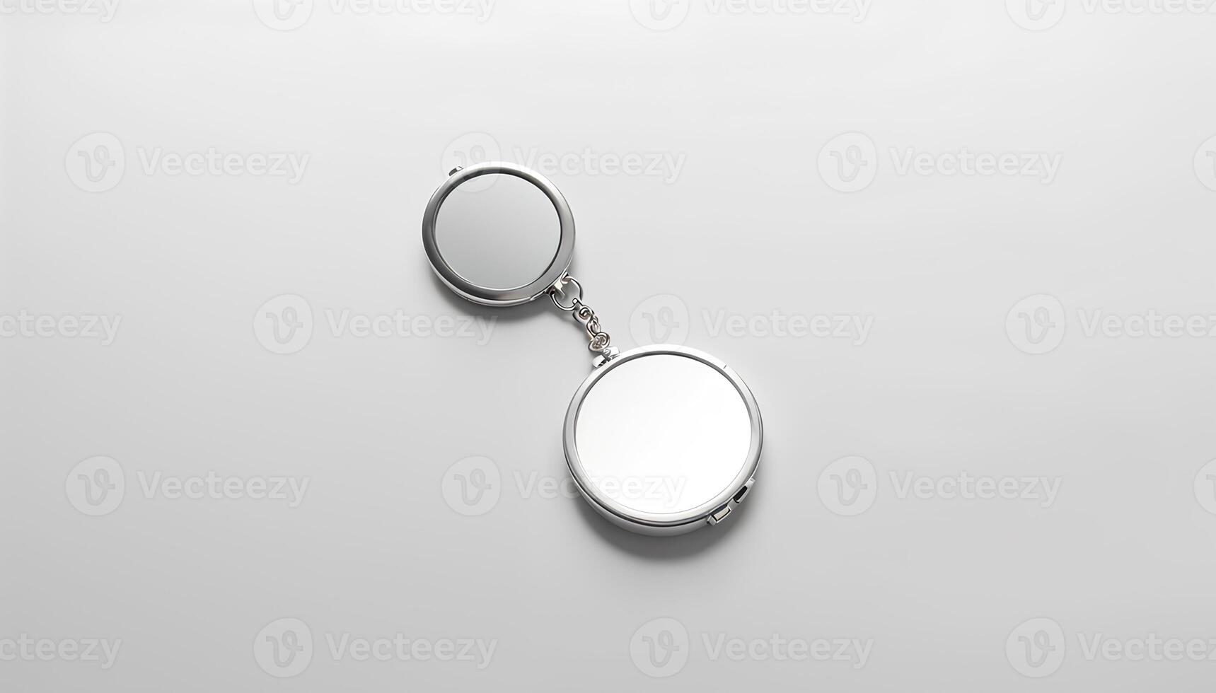 Blank metal rhombus white key chain mock up side view, 3d rendering. Clear silver keychain design mockup isolated. Empty plain keyring souvenir holder template. Steel trinket label. photo