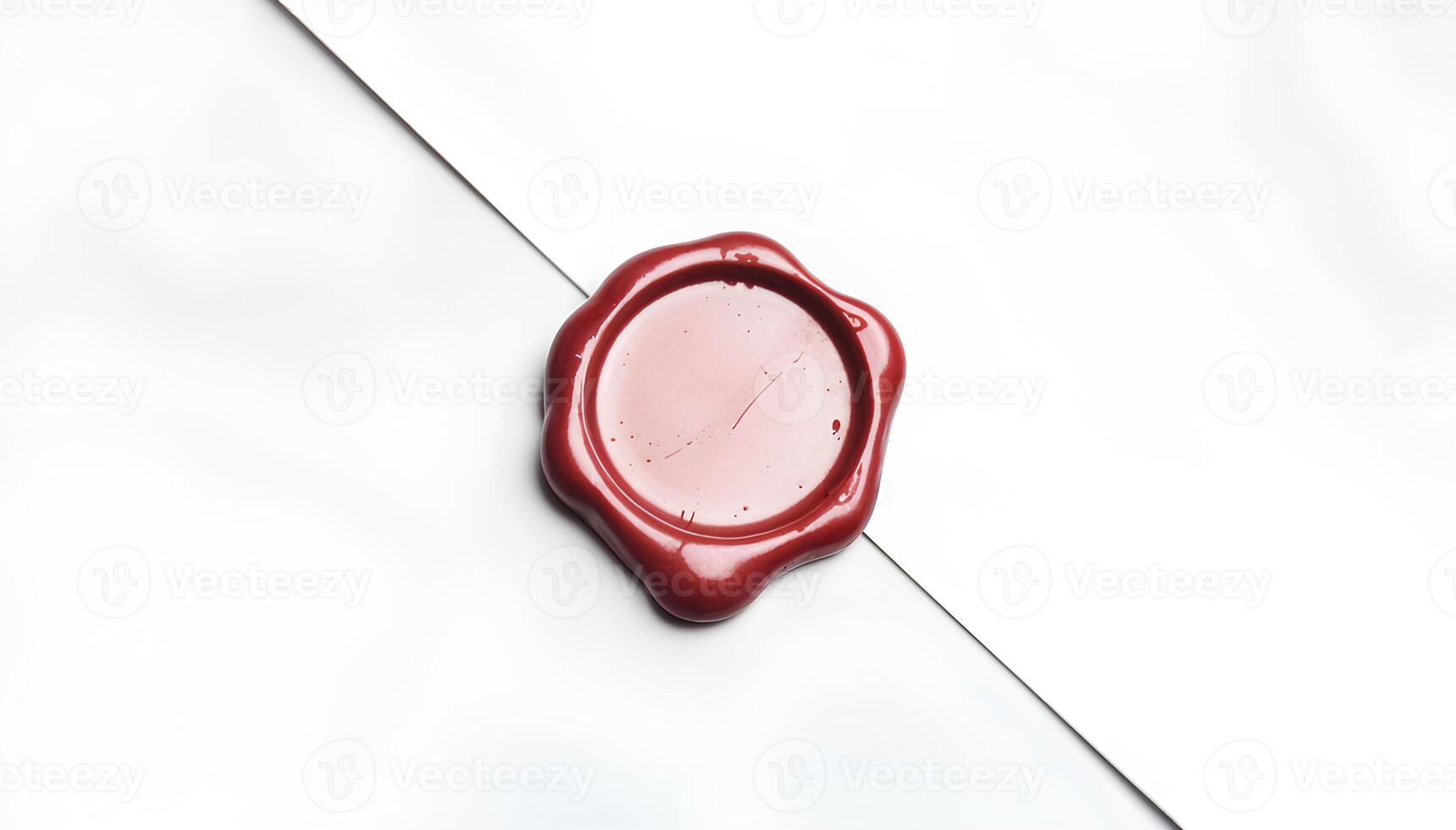 Blank red wax stamp on paper envelope mockup, top view, depth of field, 3d rendering. Empty antique wax seal for mail mock up. Clear postal symbol for secure message template. photo