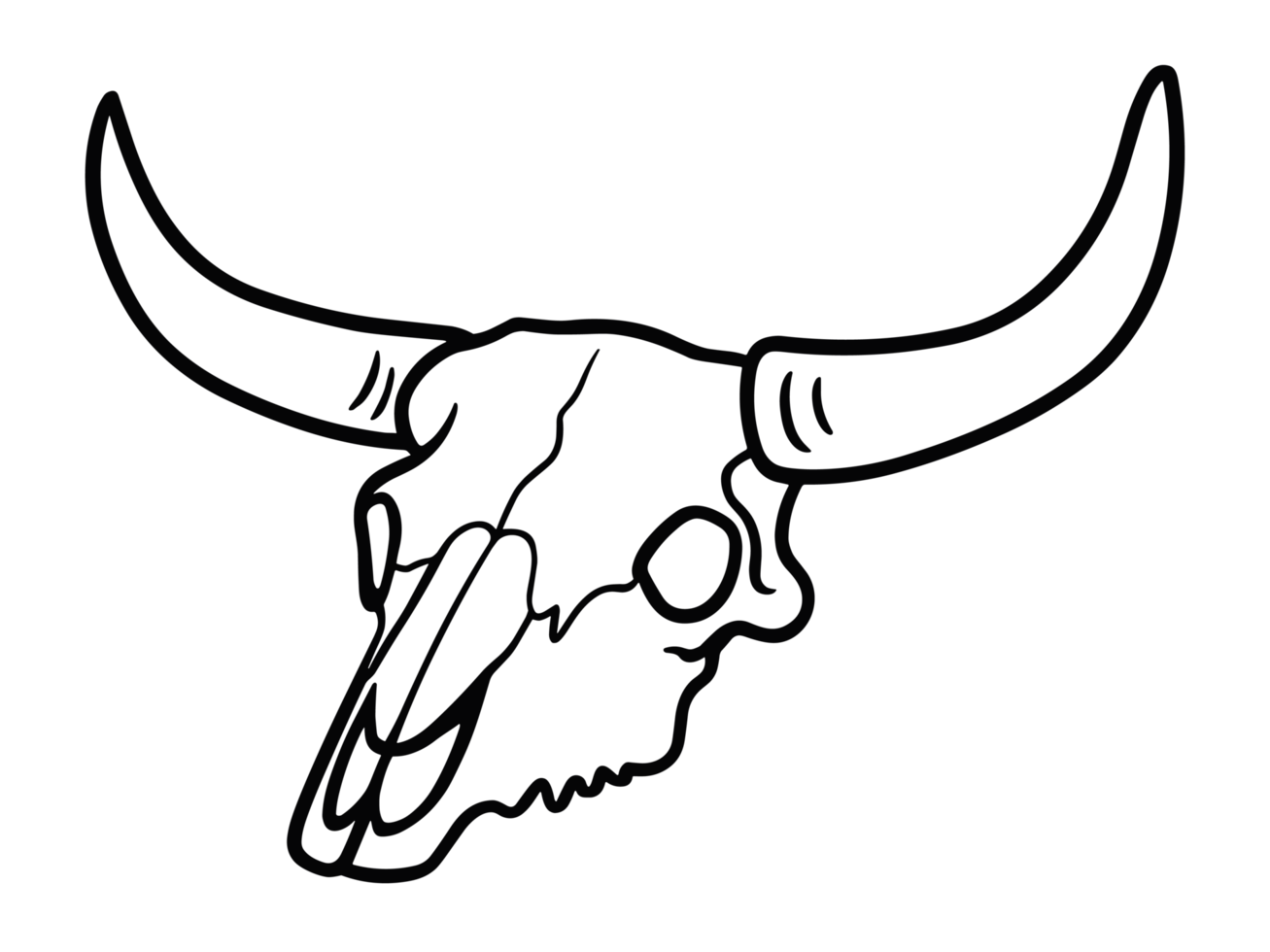 Cow bull skull outline drawing western desert Wild West aesthetic black ink line art doodle sketch cowgirl cowboy country illustration isolated element sticker clipart transparent background png