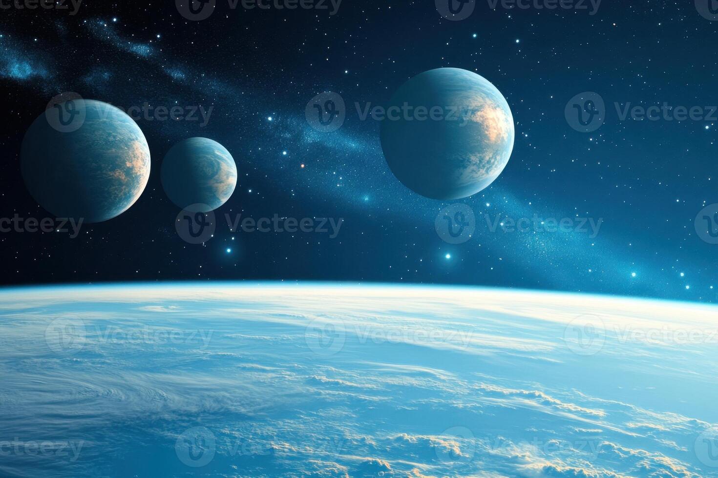 Four planets in space, viewed from a planet's surface. photo