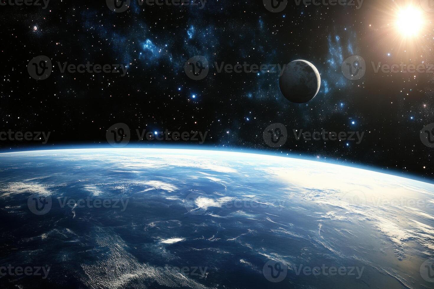Earth from space with sun and moon in the background. photo