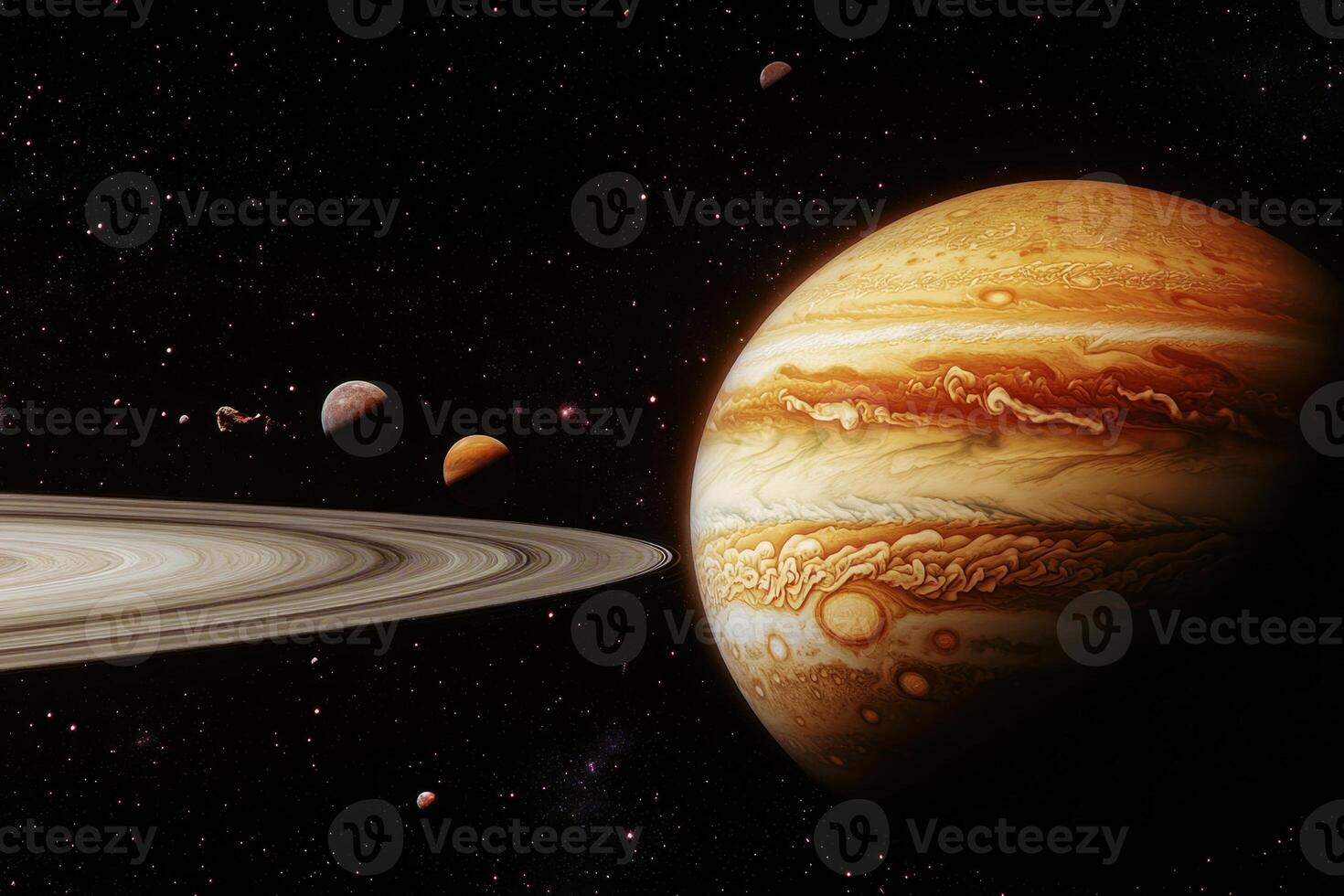 Jupiter and its moons in a dark starry sky. photo