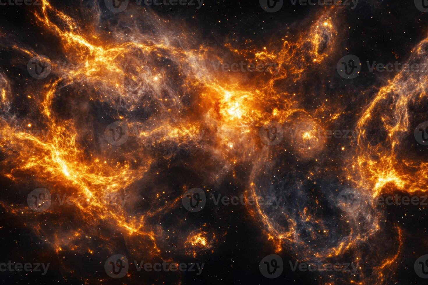 Fiery orange and yellow nebula in a dark space background. photo