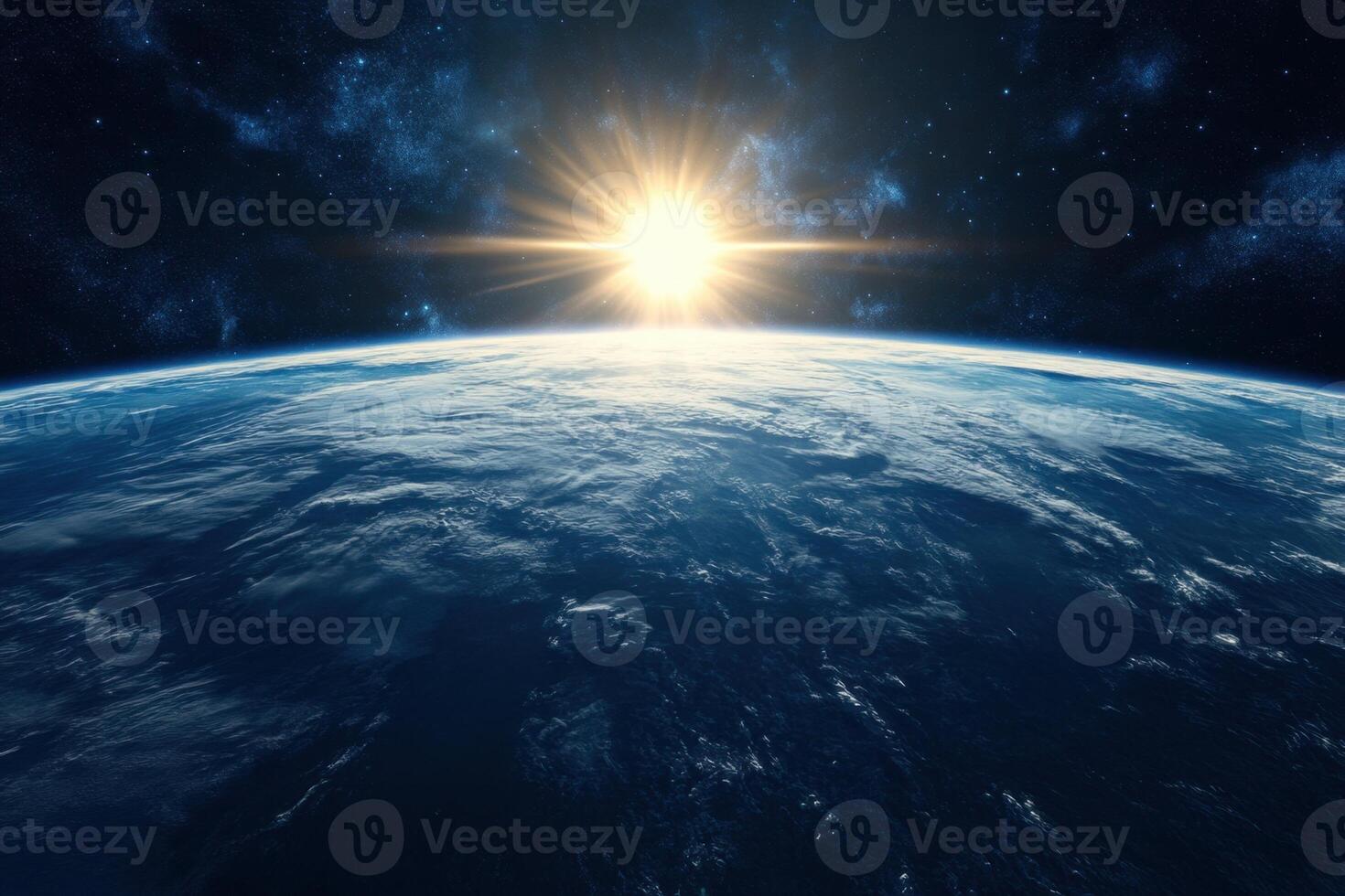 Sunrise over Earth from space, with a bright sun and stars visible in the dark sky. photo