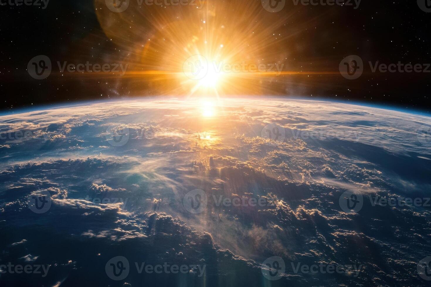 Sunrise over Earth from space with clouds and sun rays. photo