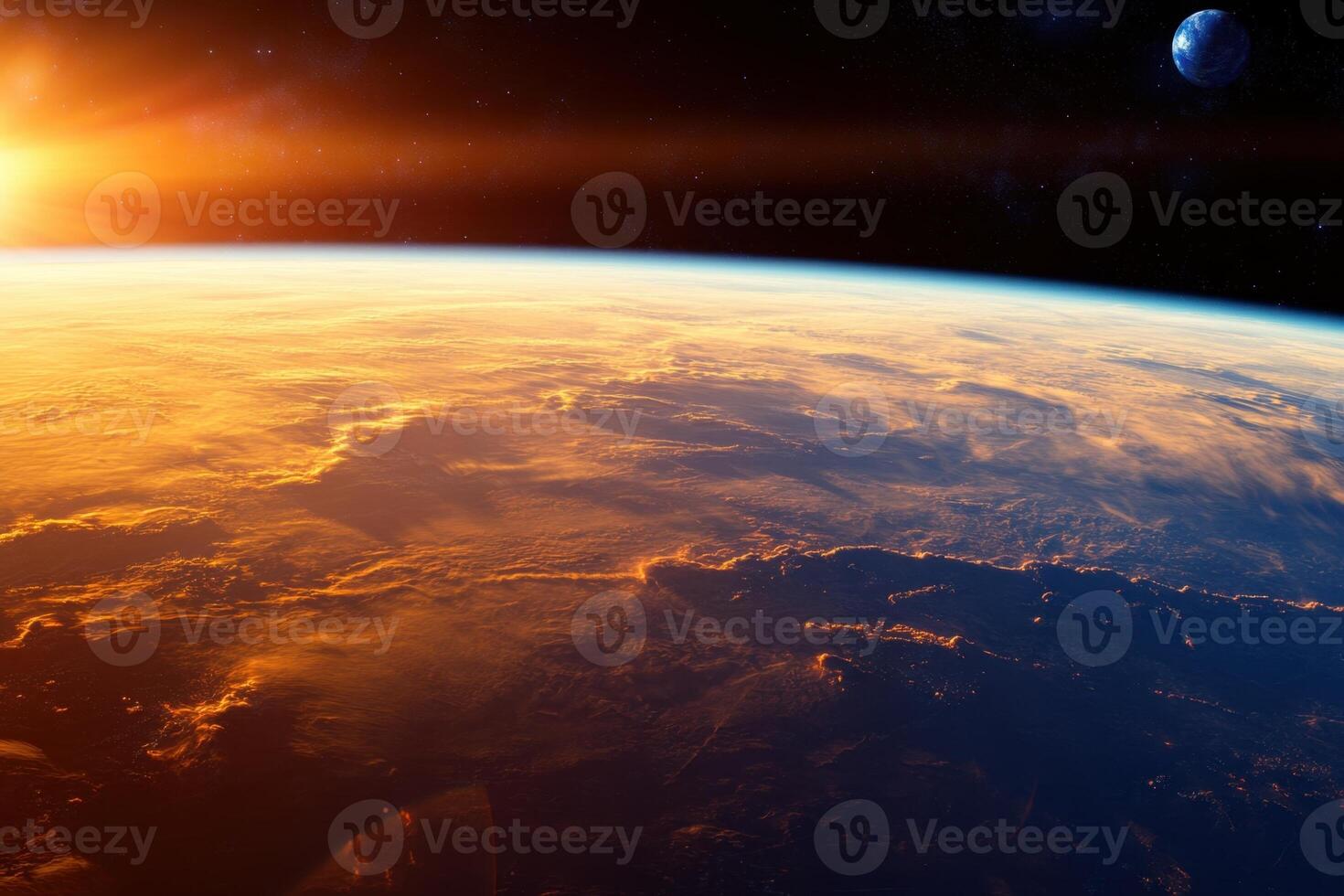 Sunrise over Earth from space, showing clouds and a distant planet. photo