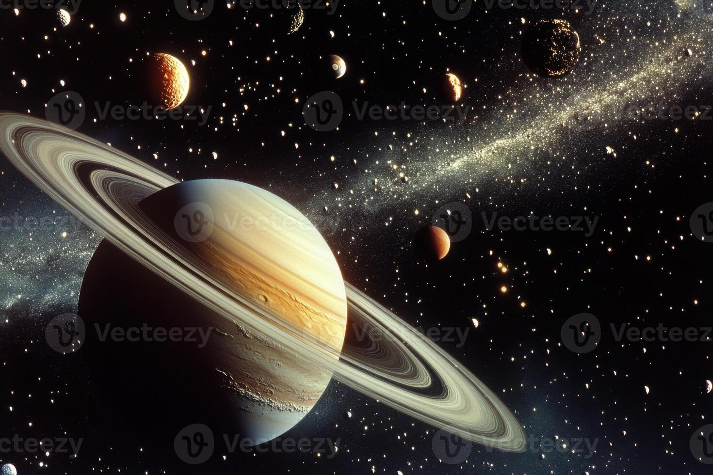 Saturn, the ringed planet, is seen in this illustration against a backdrop of stars and the Milky Way. photo