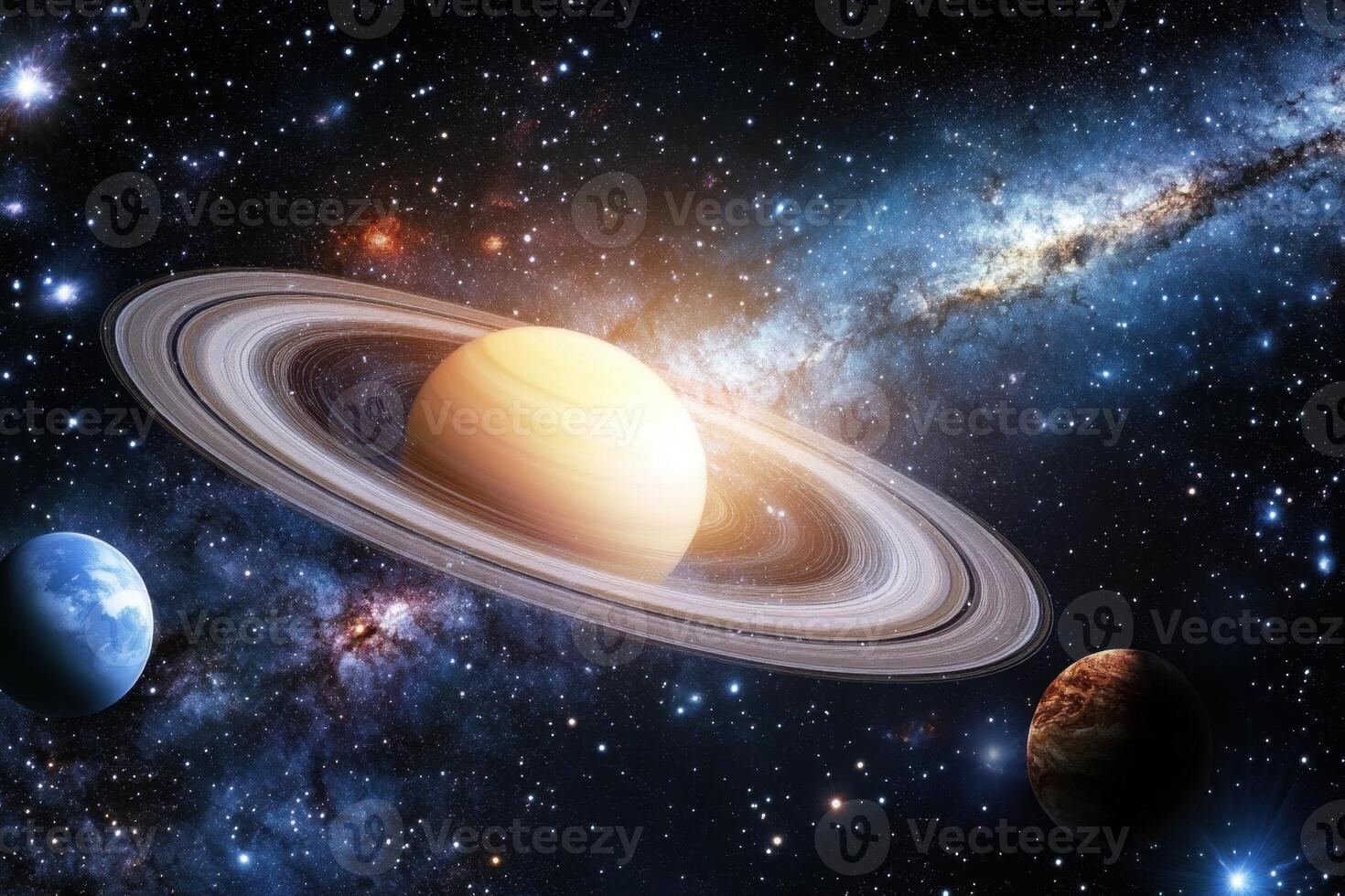 Saturn, a gas giant planet with a prominent ring system, in a vast starry field. photo