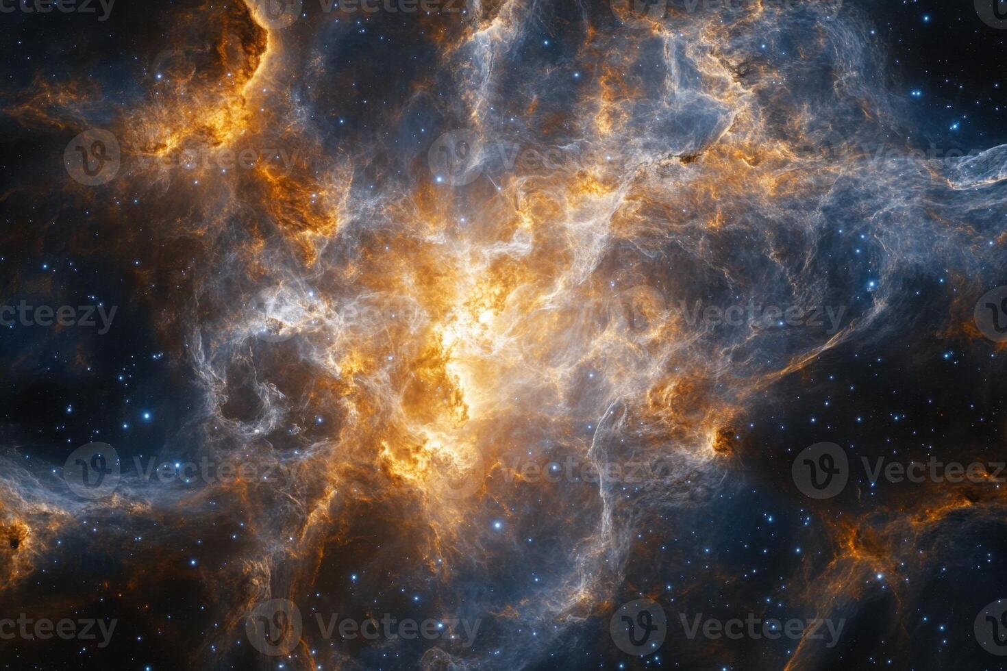 A vibrant nebula with swirling clouds of gas and dust in shades of orange and blue, dotted with sparkling stars against a dark background. photo