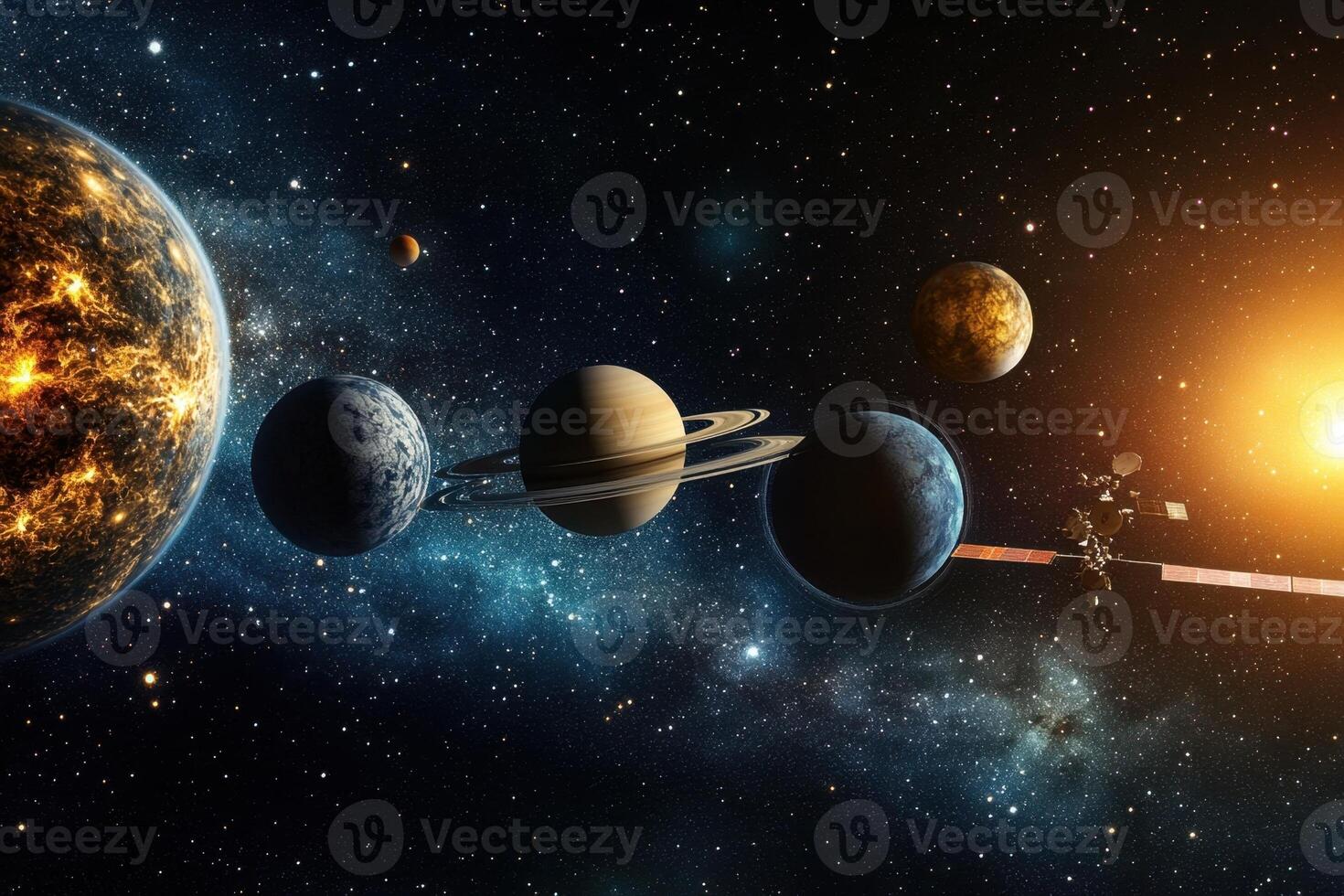 Planets, stars, and a spacecraft in a distant galaxy. photo