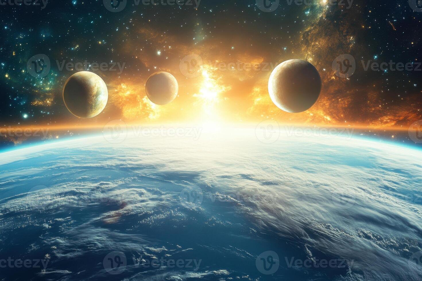 Sunrise over a distant planet with three moons in a colorful nebula. photo
