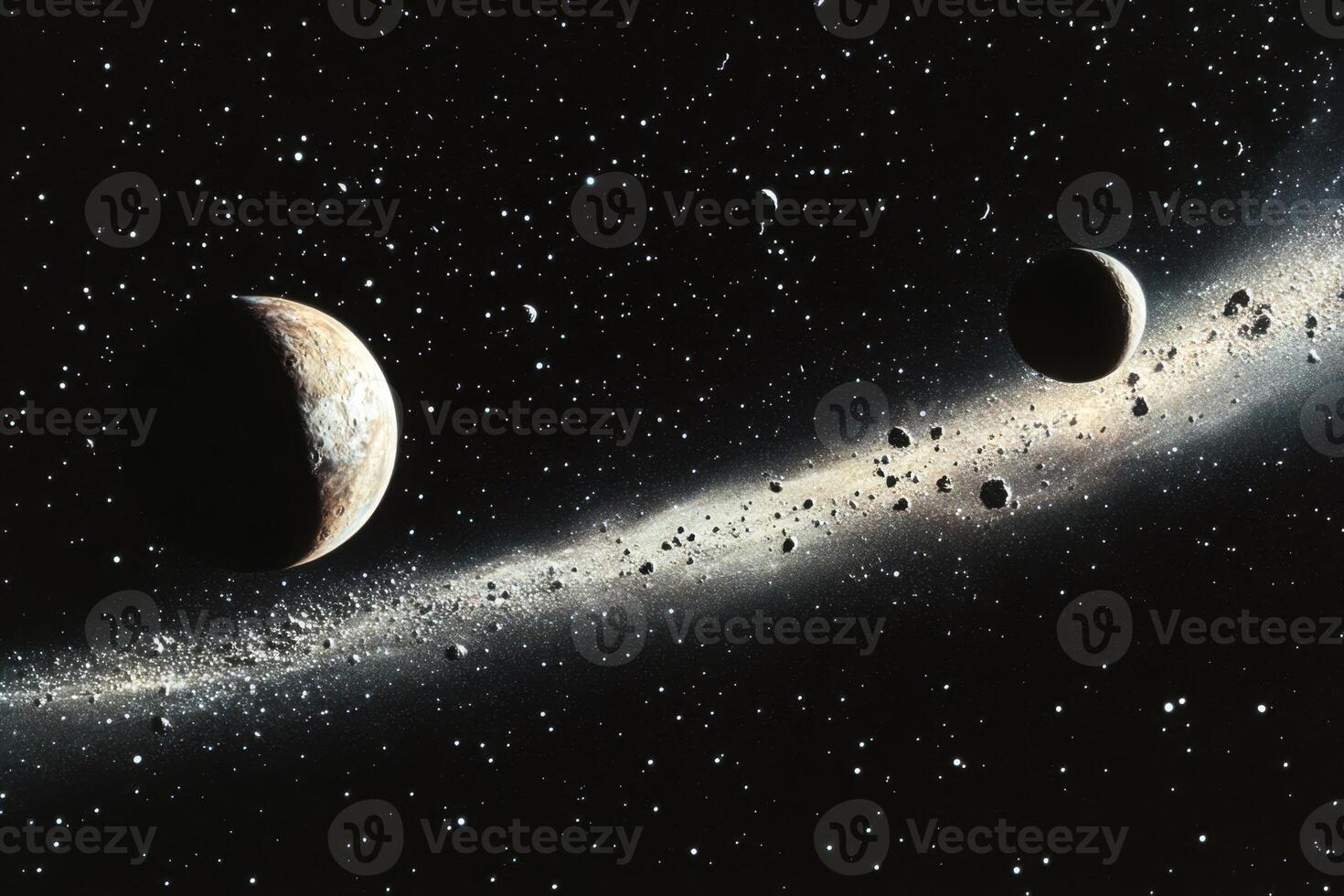 Two planets and asteroid belt in deep space. photo