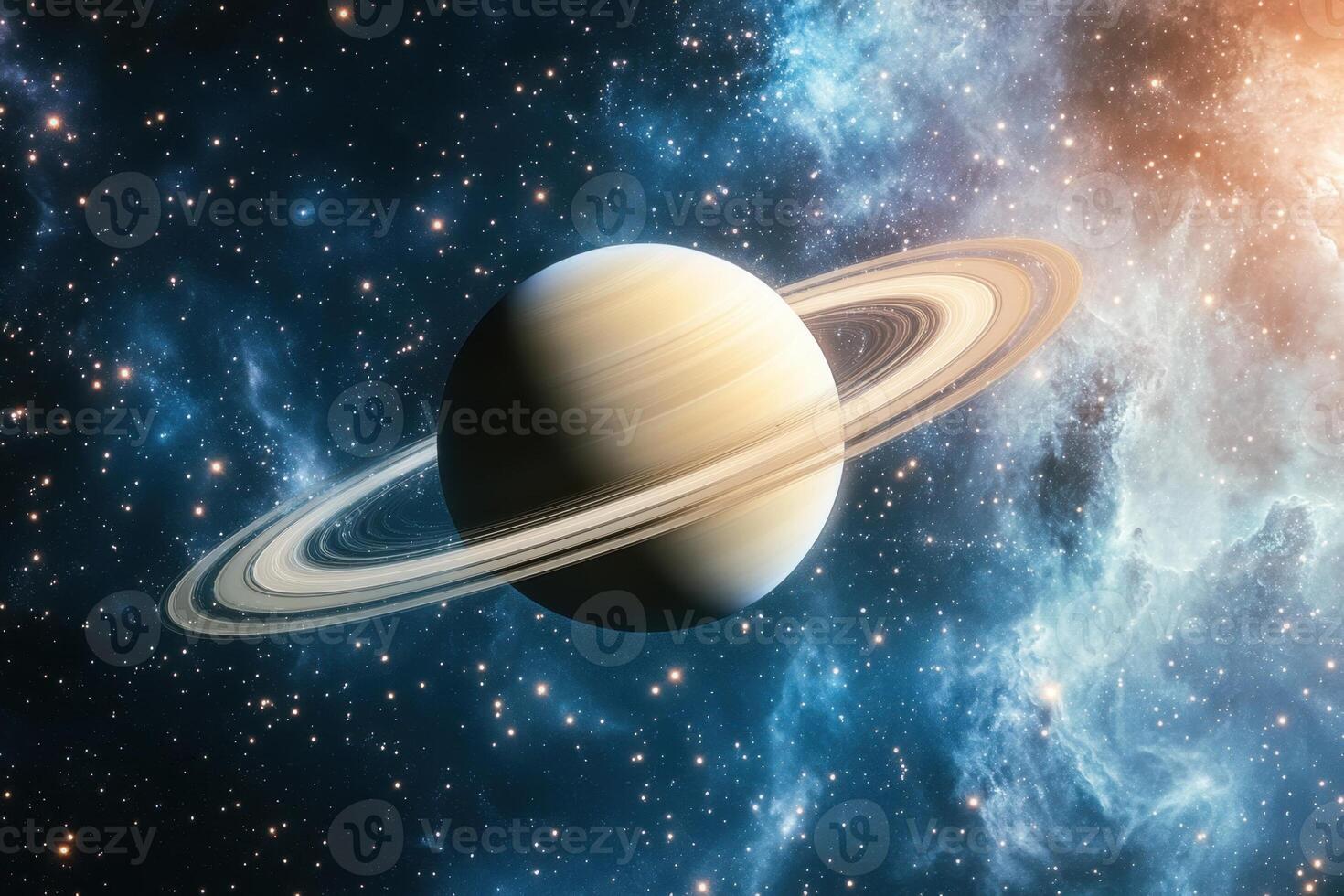 Saturn, the ringed planet, in a starry nebula. photo