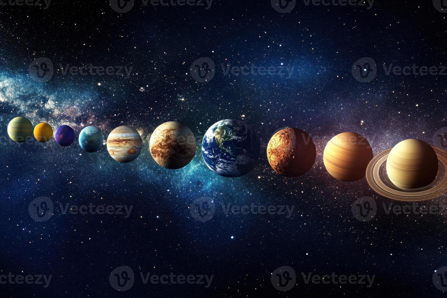 Planets of the solar system in a line against a starry background. photo
