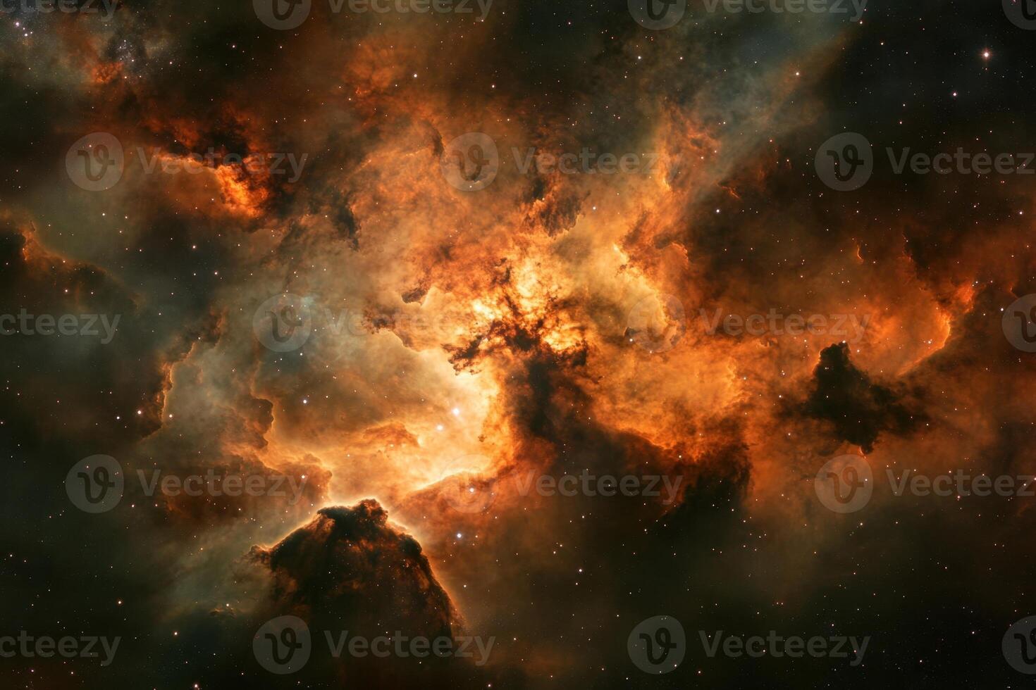 A vibrant nebula, a swirling mix of orange, red, and yellow hues, with scattered stars against a dark backdrop. photo