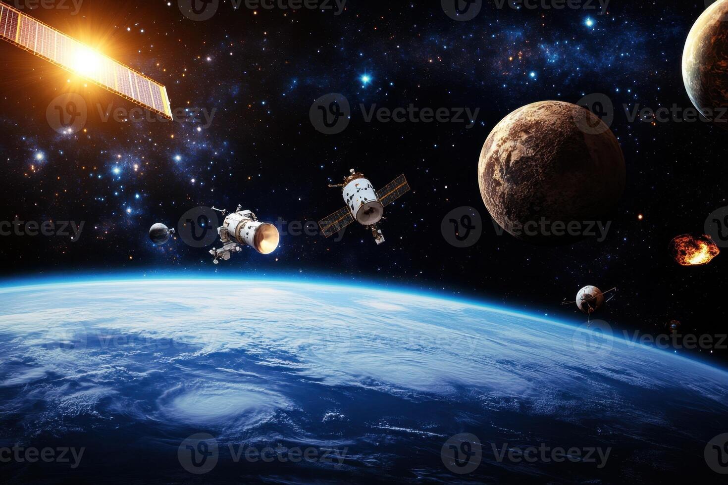 Spacecraft orbit Earth with planets and stars in background. photo