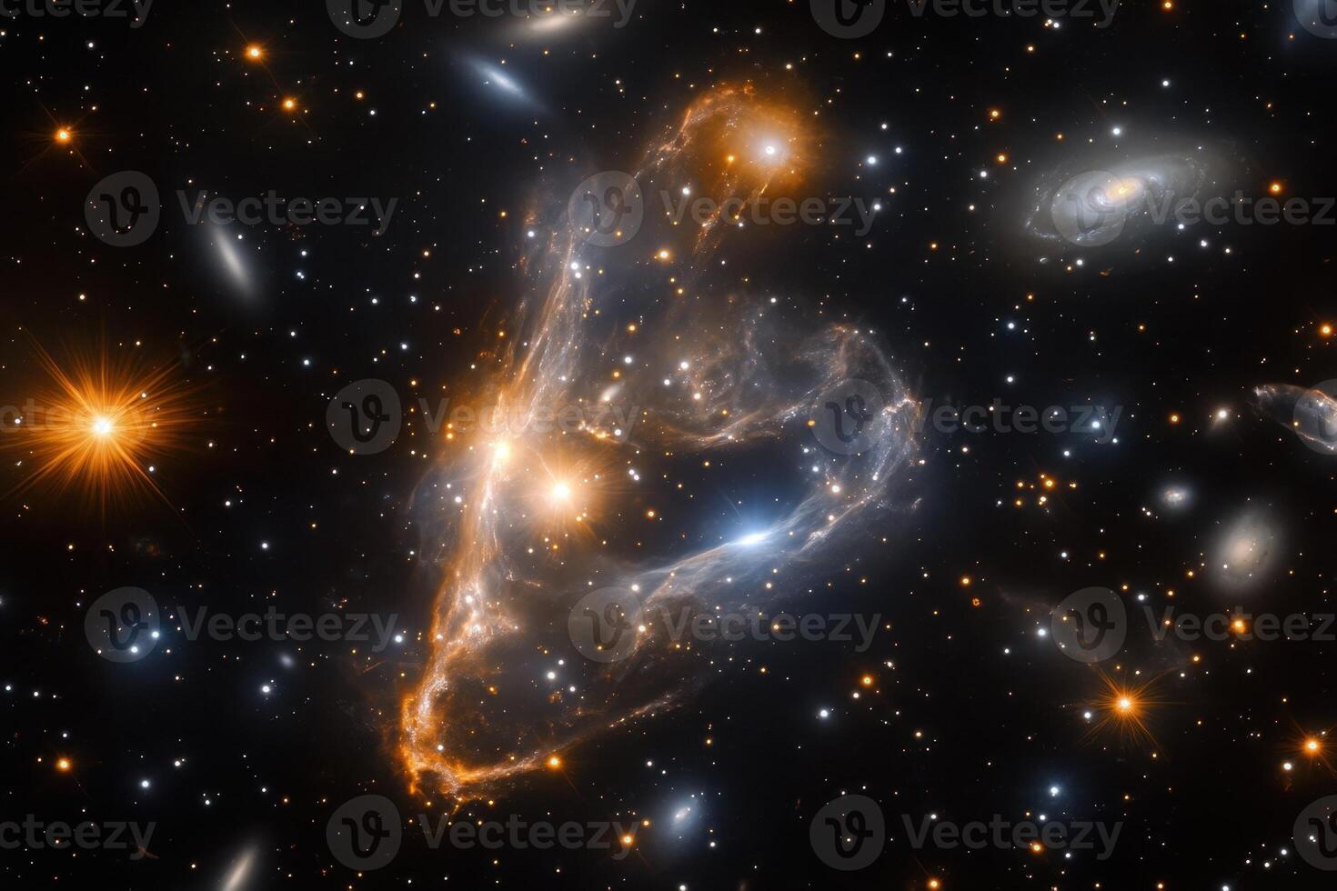 A vibrant nebula with bright stars and galaxies in the background. photo