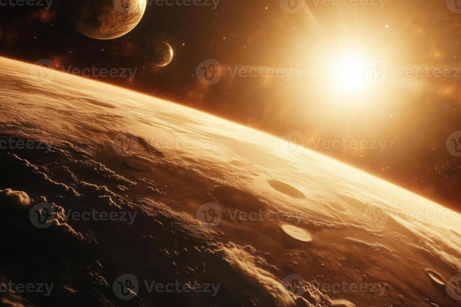 Sunrise over an alien planet with two moons in the distance. photo