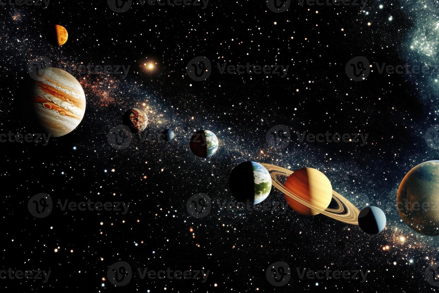 Planets of our solar system aligned in a row against a starry background. photo