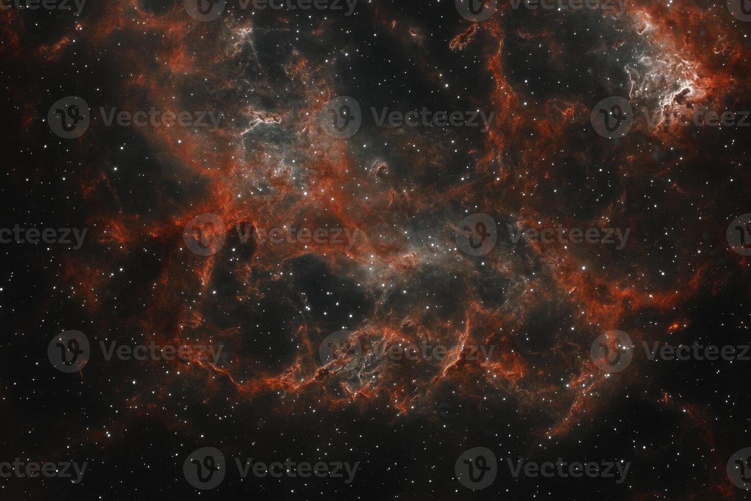 Red and white nebula with stars in dark space. photo