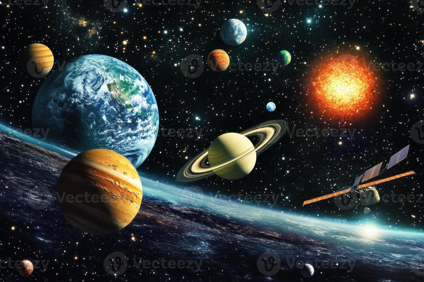 Solar system planets, sun, and satellite in space. photo