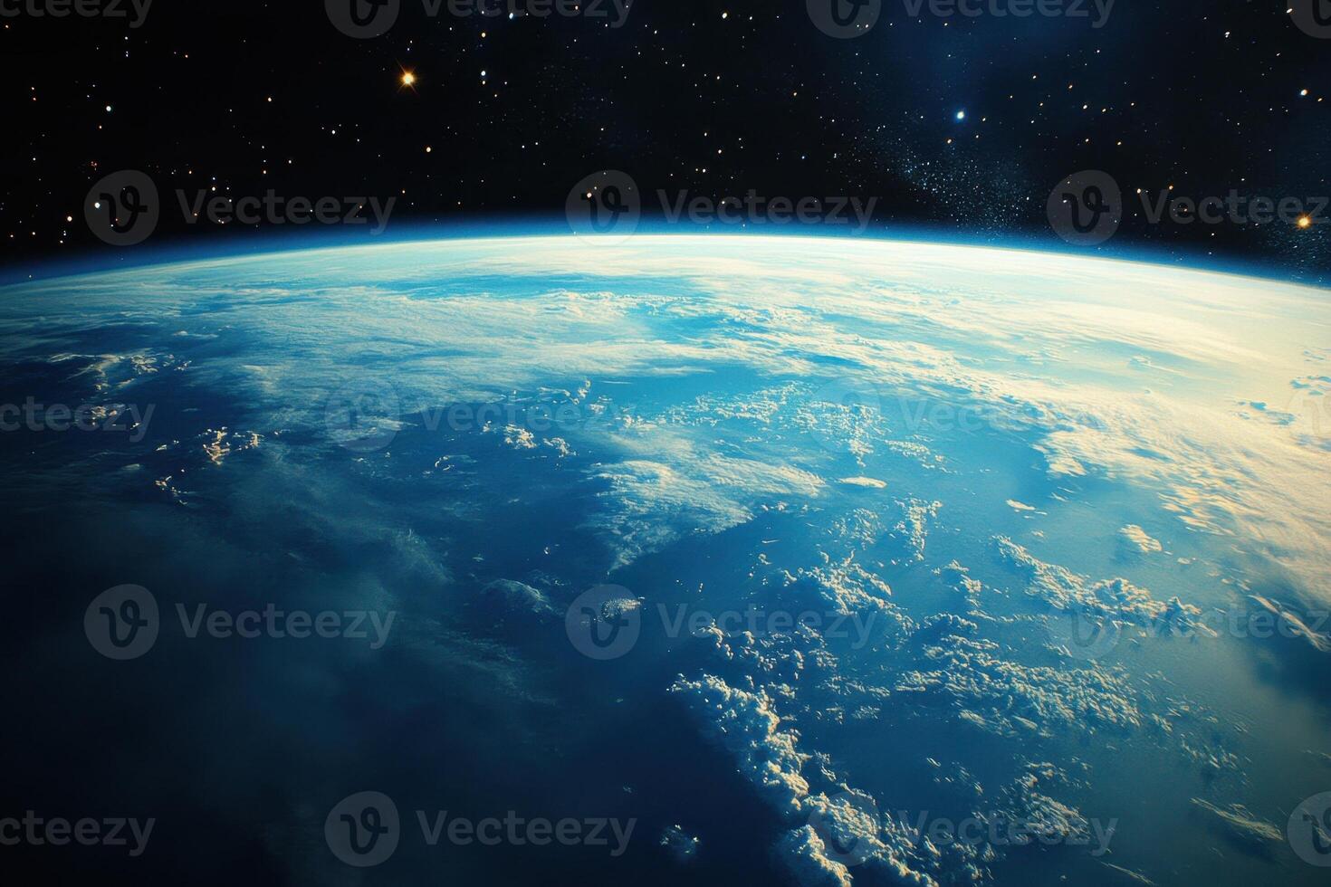 Stunning view of Earth from space with swirling clouds and a starry sky. photo