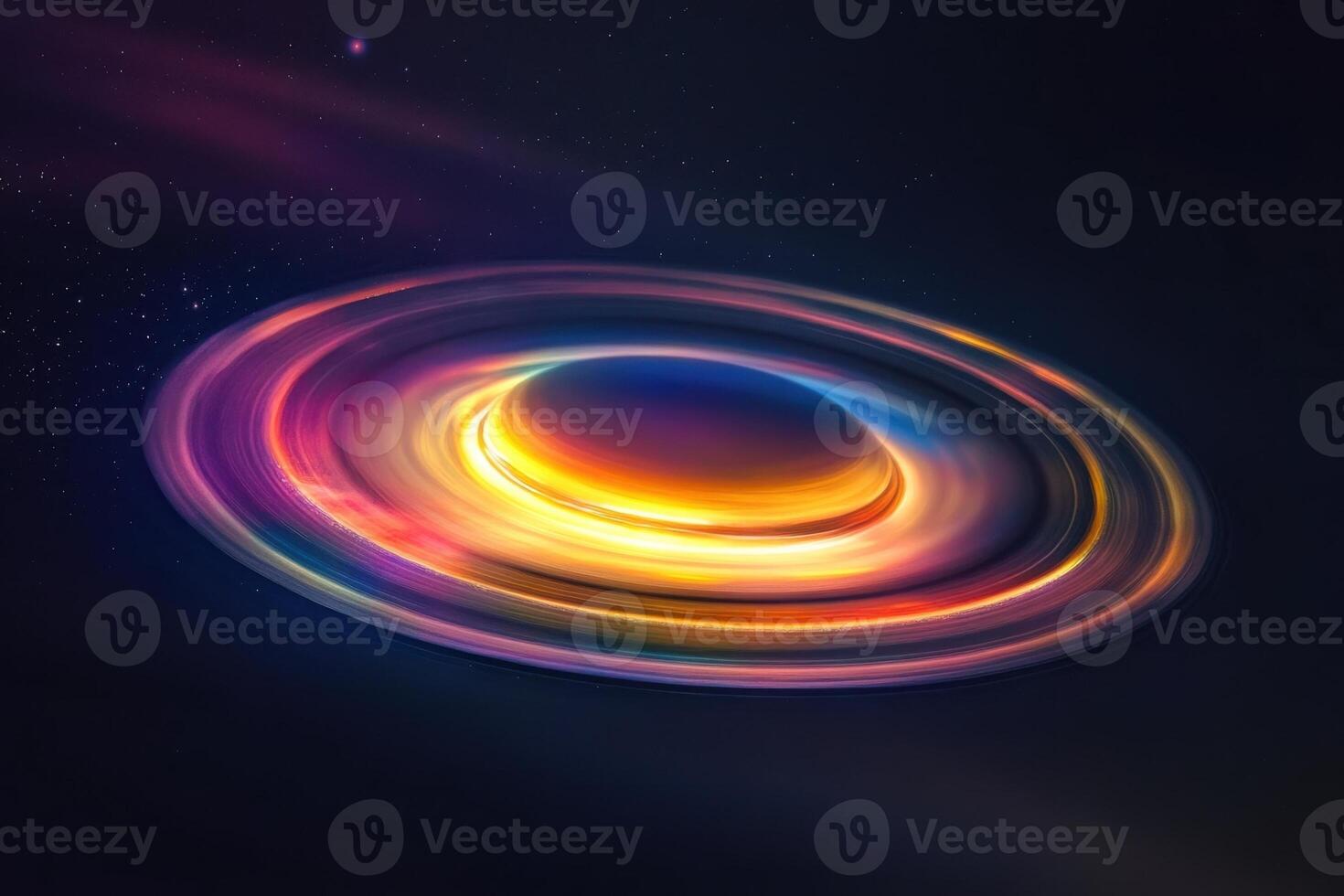 Vibrant and colorful planet with glowing rings against a dark space background. photo