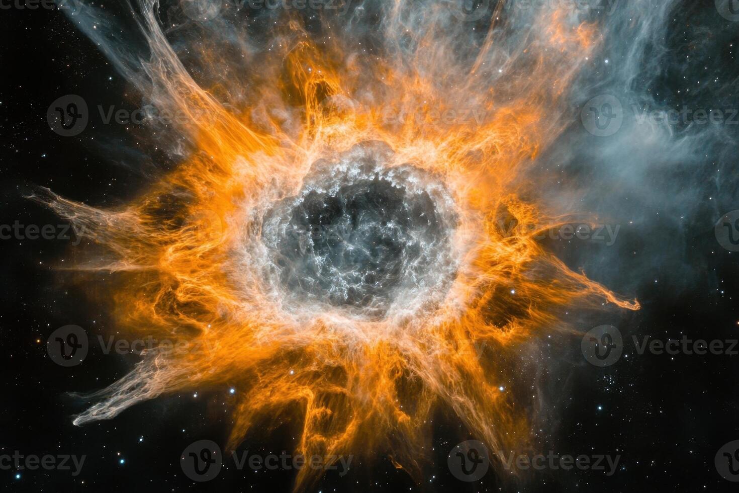 A vibrant, fiery nebula glows in the vast darkness of space. photo