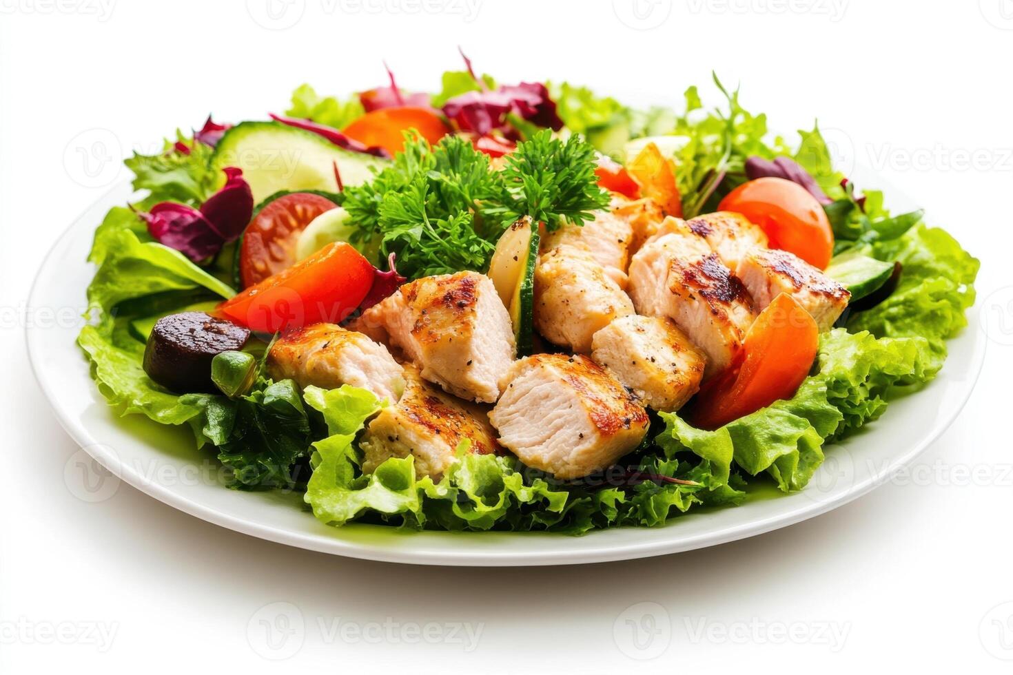 Grilled chicken salad with fresh vegetables. photo