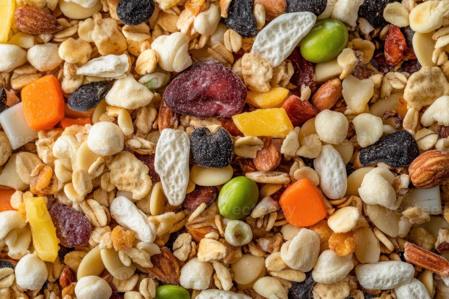 Close-up of a mixture of granola, dried fruit, and nuts. photo