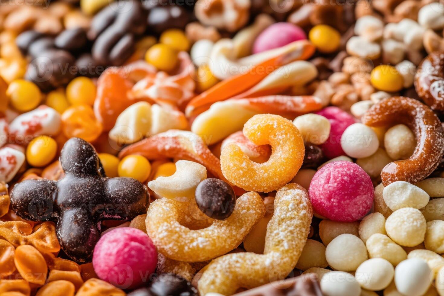 A close up of a variety of candy and snacks photo