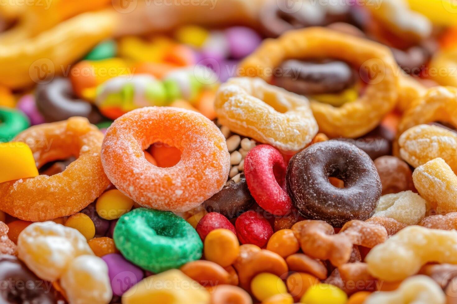 A close up of a variety of candy and snacks photo