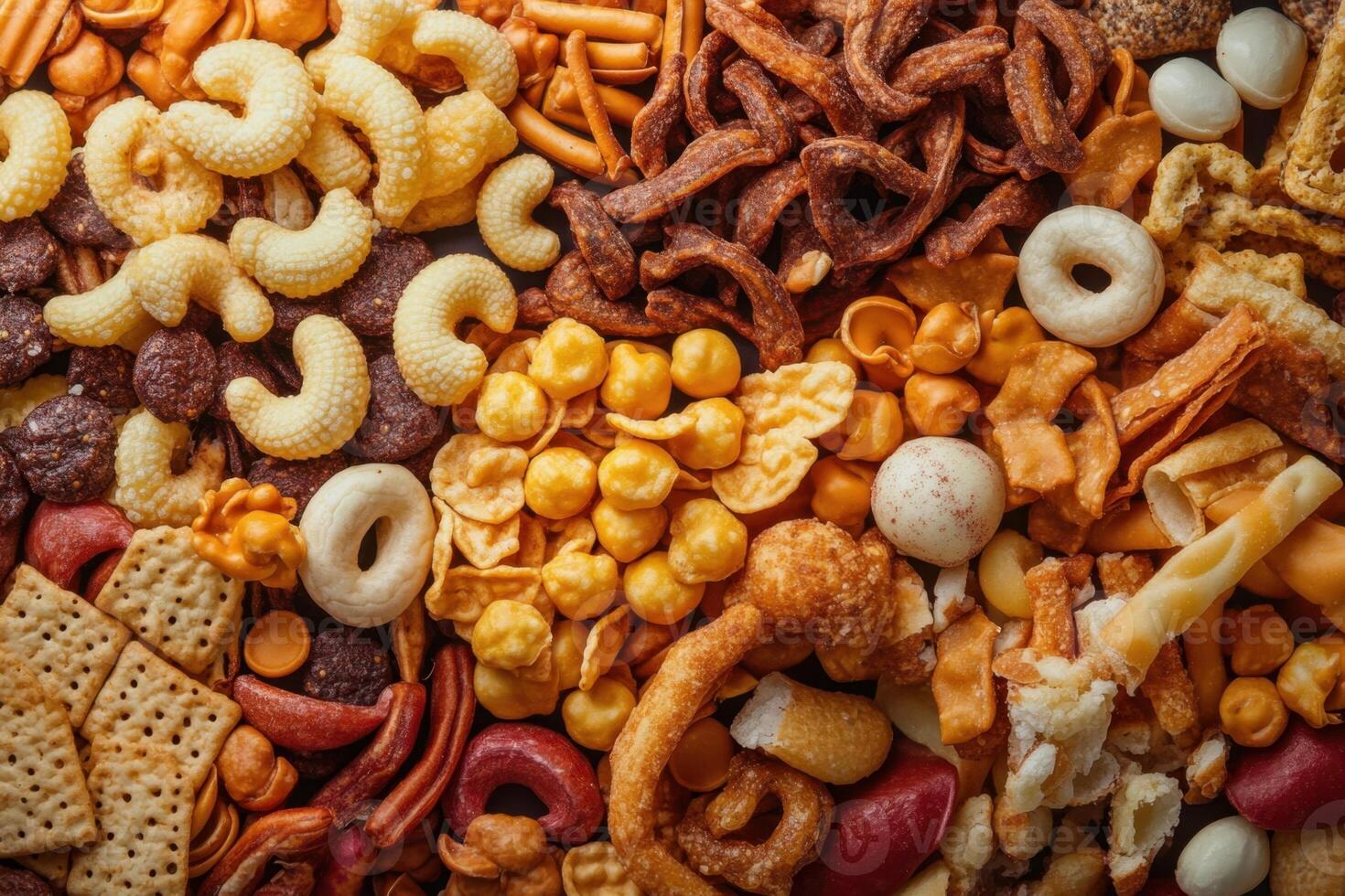 A colorful assortment of salty snacks, including pretzels, crackers, chips, and more. photo