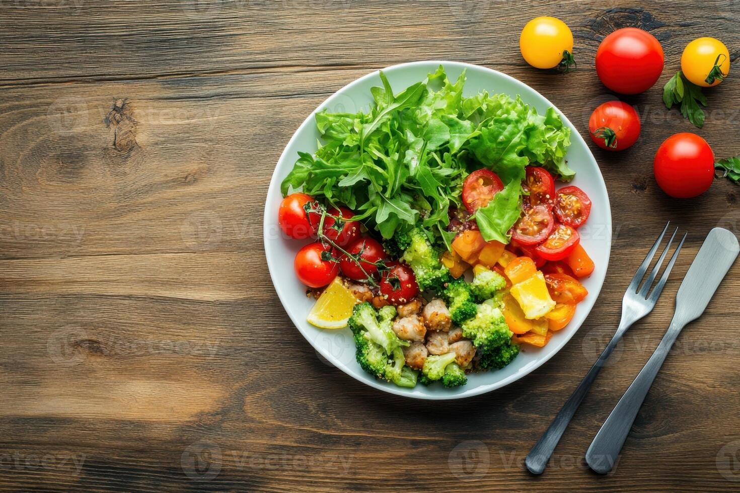A healthy and colorful salad with grilled chicken, broccoli, tomatoes, and pumpkin on a wooden table. photo
