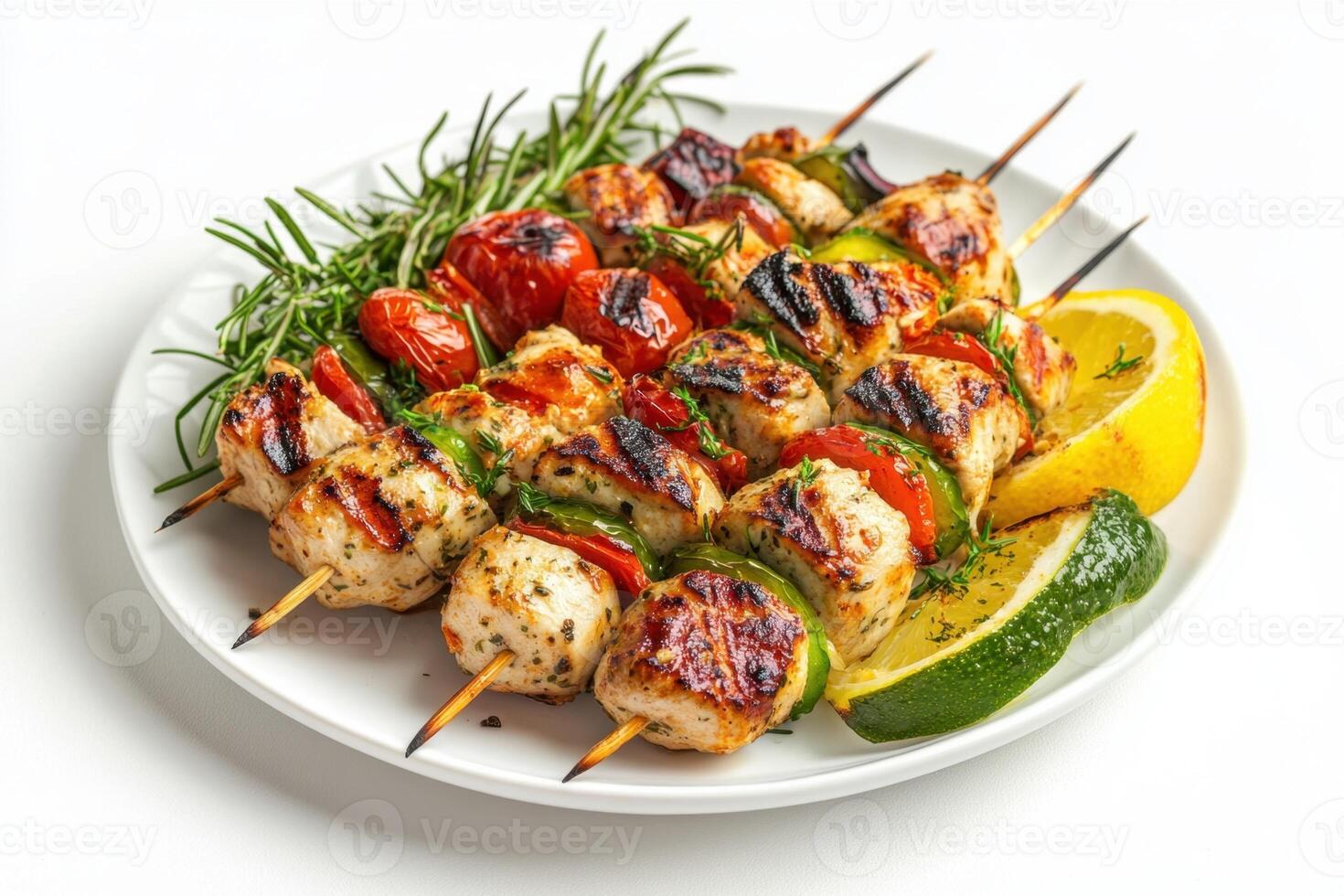Grilled chicken skewers with vegetables and lemon wedges on a white plate. photo