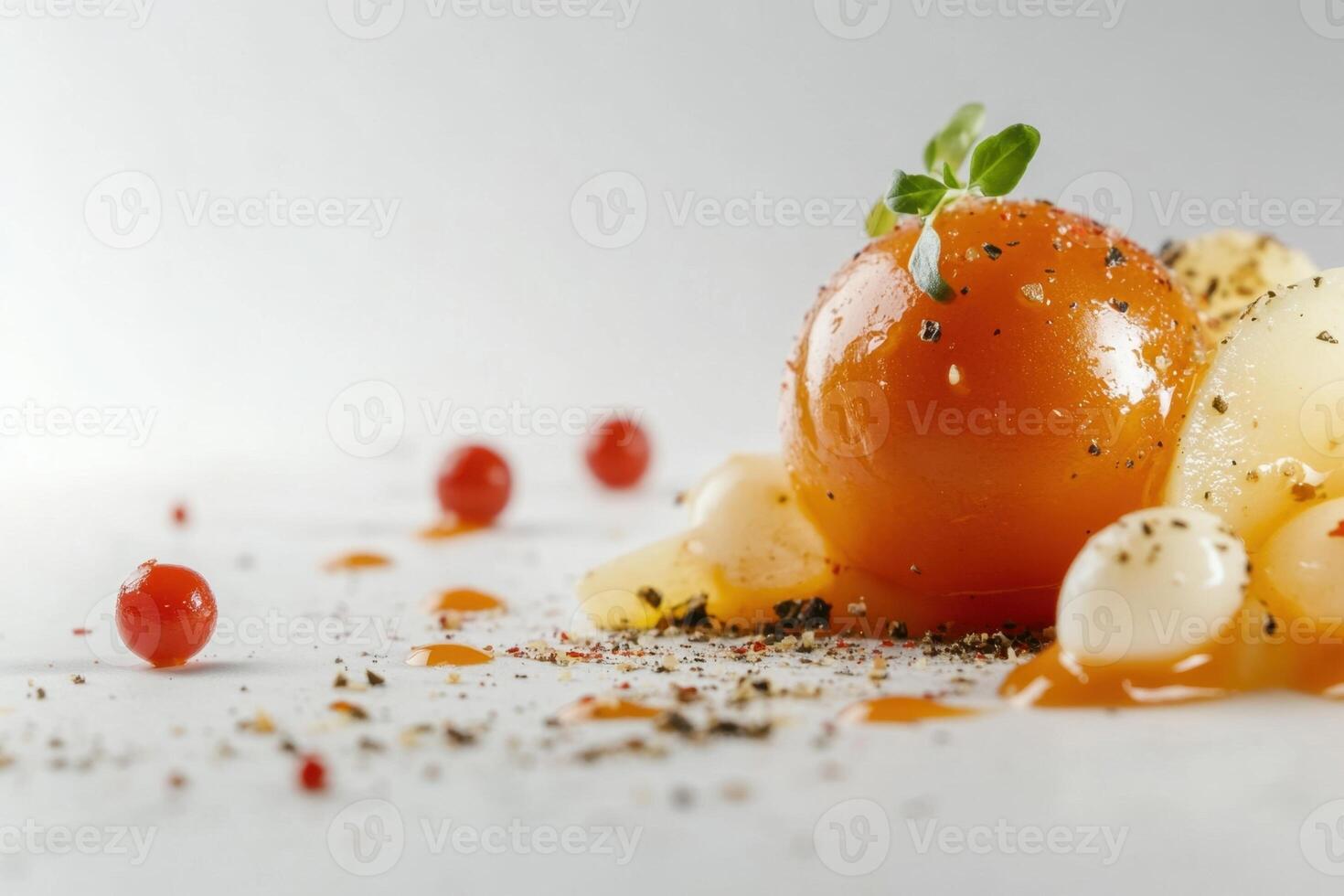 Close-up of a gourmet tomato dish with white spheres, pepper, and a sprig of thyme on a white plate. photo